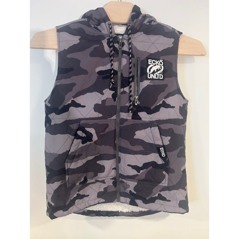 Ecko Unltd Sz M Black Gray Camouflage Hooded Puffer Vest Sherpa-Lined 90’s Logo